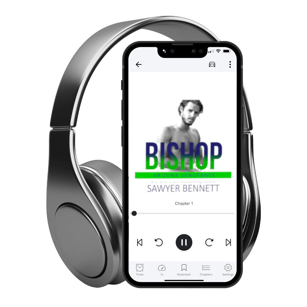 Hockey romance audiobook cover featuring an attractive man in his mid-20’s, shirtless, with shoulder length hair and facial scruff displayed on a smartphone with headphones. The title of the book is Bishop by New York Times Bestselling Author Sawyer Bennett.