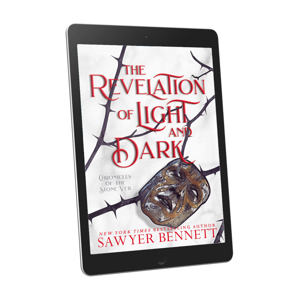 Fantasy romance book cover with thorned branches sprawled across a white background with a mask hanging on one of the branches, displayed on an e-reader. The title of the book is The Revelation of Light and Dark by New York Times Bestselling Author Sawyer Bennett.