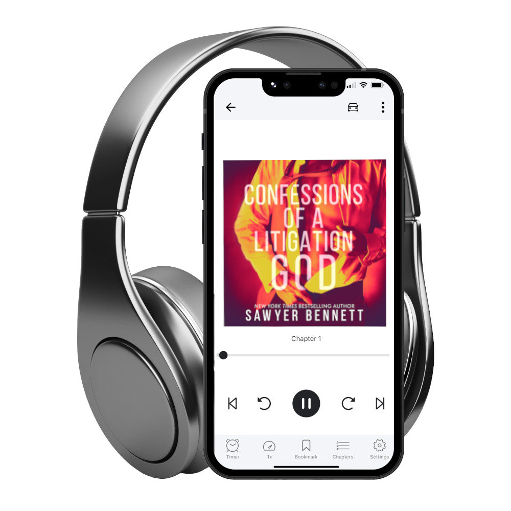 Contemporary romance audiobook cover featuring an attractive man dressed in an unbuttoned white shirt and loosened tie, with a red and yellow color treatment. The title of the book is Confessions of a Litigation God by New York Times Bestselling Author Sawyer Bennett.