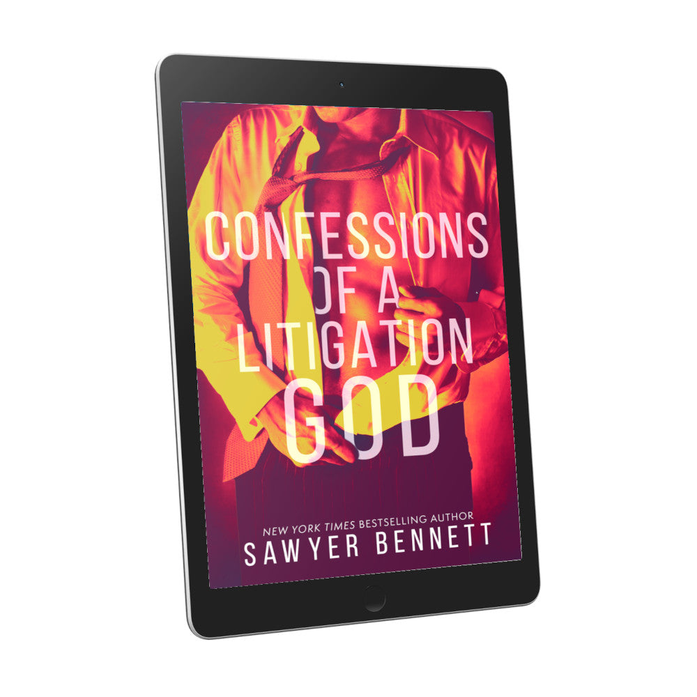 Contemporary romance book cover an attractive man dressed in an unbuttoned white shirt and loosened tie, with a red and yellow color treatment, displayed on an e-reader. The title of the book is Confessions of a Litigation God by New York Times Bestselling Author Sawyer Bennett.