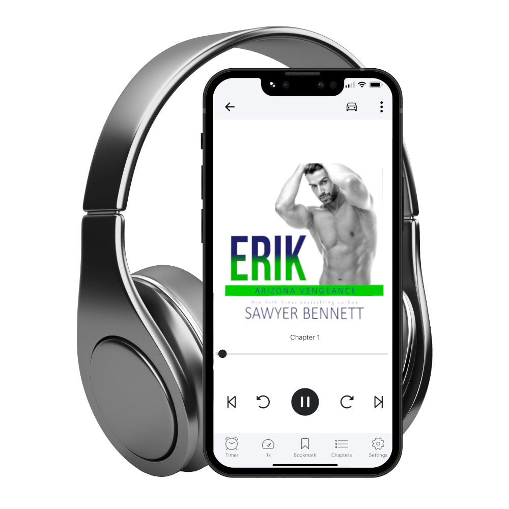Hockey romance audiobook cover featuring an attractive man in his mid-20’s, shirtless, with short hair and both hands on his head displayed on a smartphone with headphones. The title of the book is Erik by New York Times Bestselling Author Sawyer Bennett.