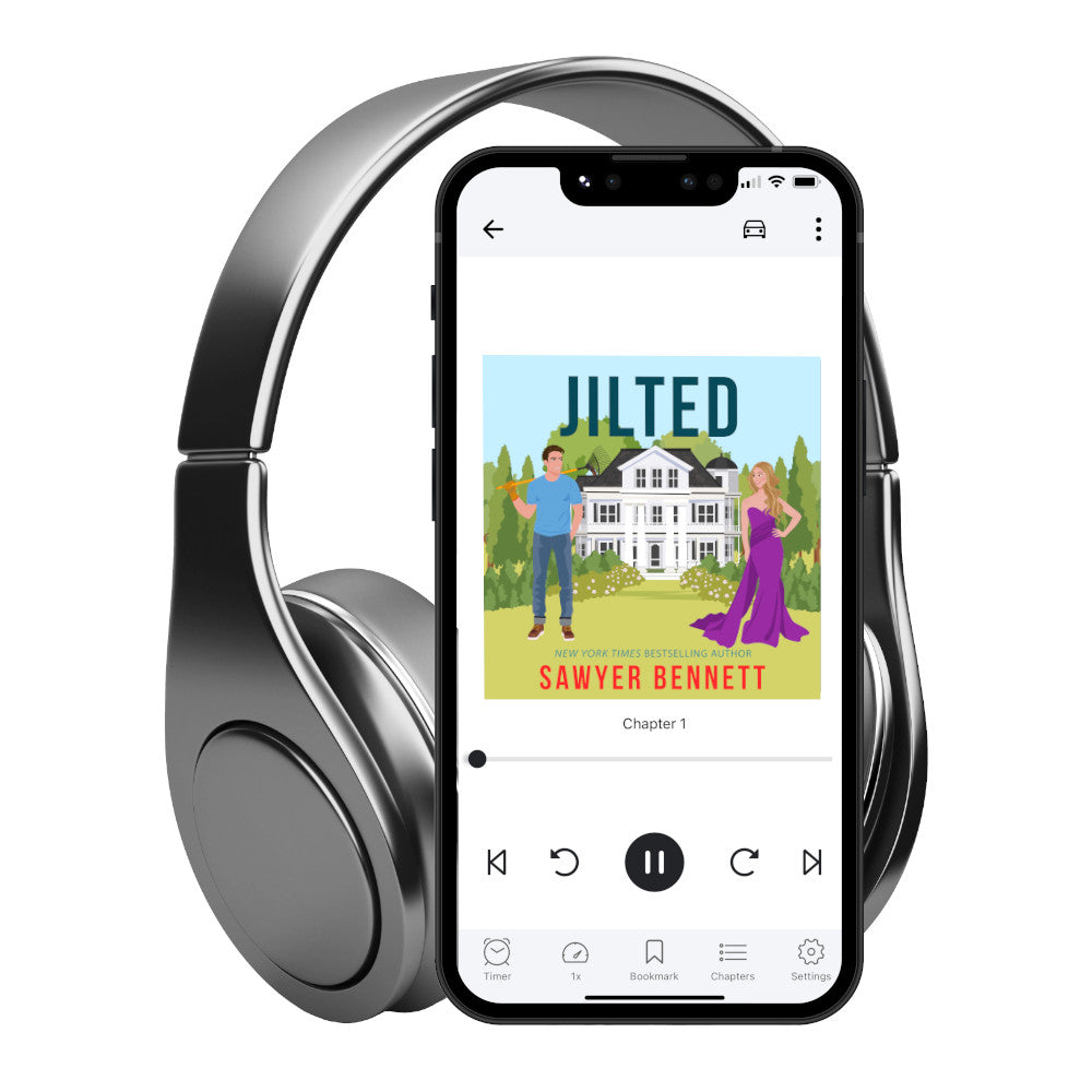 Contemporary romance audiobook cover featuring an illustrated scene with a large white house in the background, a man wearing jeans and a blue shirt on the left and a woman wearing a dress and heels on the right. The title of the book is Jilted by New York Times Bestselling Author Sawyer Bennett.