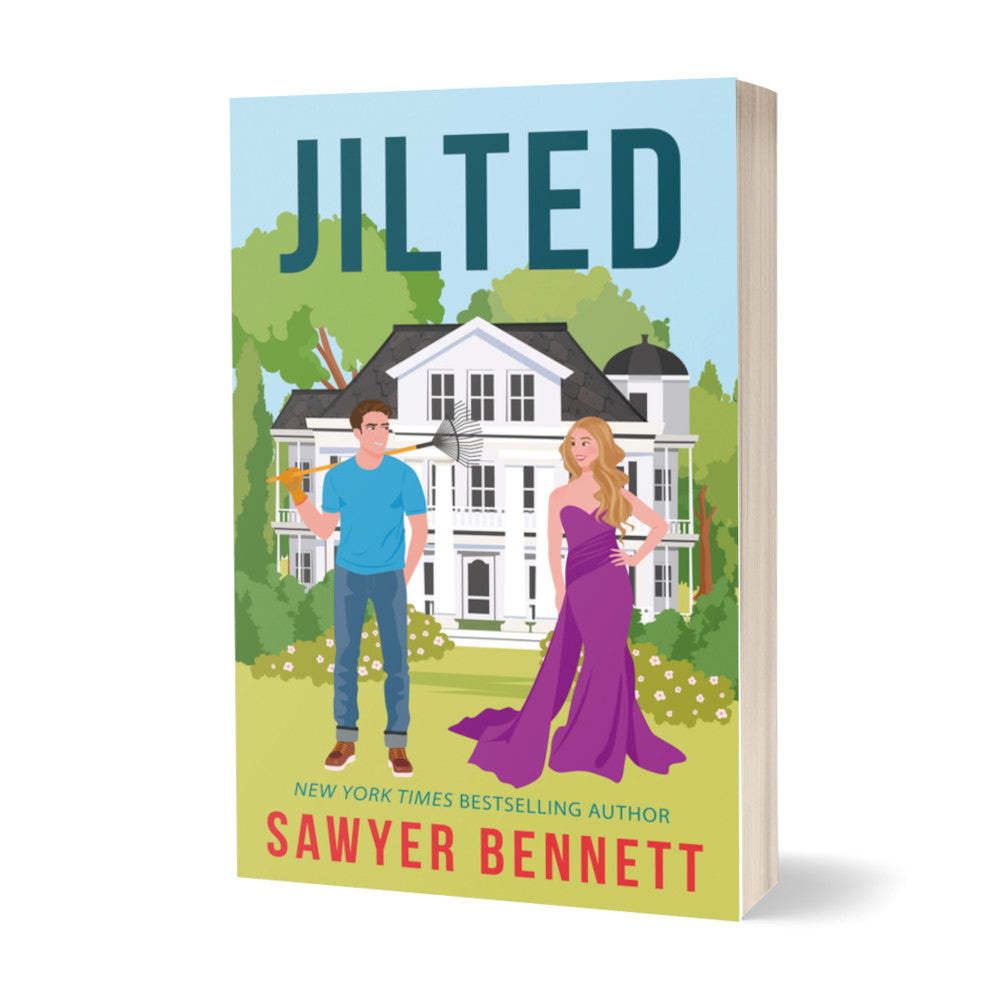 Contemporary romance paperback featuring an illustrated scene with a large white house in the background, a man wearing jeans and a blue shirt on the left and a woman wearing a dress and heels on the right. The title of the book is Jilted by New York Times Bestselling Author Sawyer Bennett.