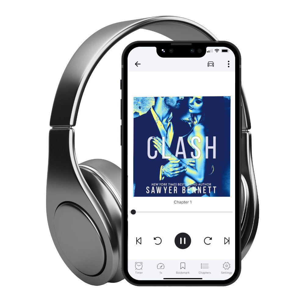 Contemporary romance audiobook cover featuring an attractive man dressed in a suit and a beautiful woman with long dark hair in black lace lingerie. They are embracing one another with a bluish/green color treatment on the photo. The title of the book is Clash by New York Times Bestselling Author Sawyer Bennett.