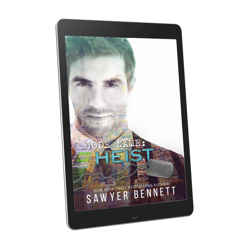 Romantic suspense book cover featuring an attractive man and city scape, displayed on an e-reader. The title of the book is Code Name: Heist by New York Times Bestselling Author Sawyer Bennett.