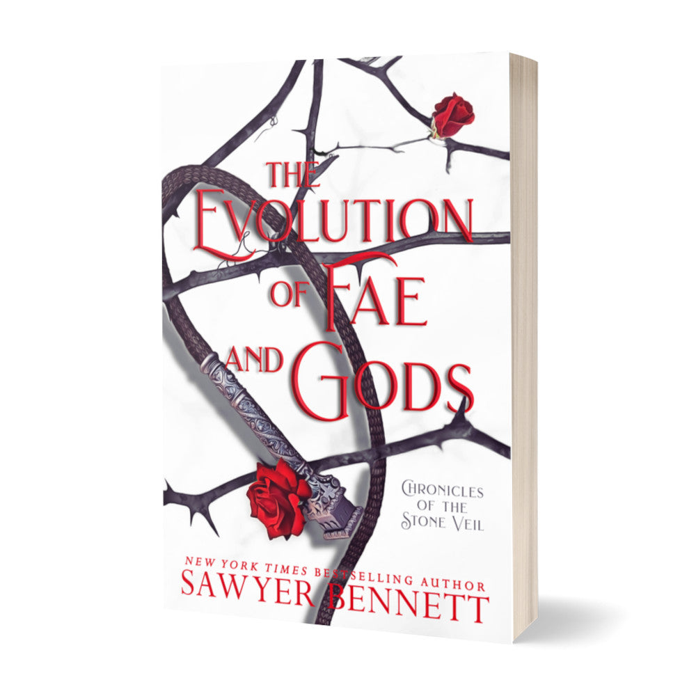Fantasy romance paperback with thorned branches sprawled across a white background and a black leather whip with silver handle. The title of the book is The Evolution of Fae and Gods by New York Times Bestselling Author Sawyer Bennett.