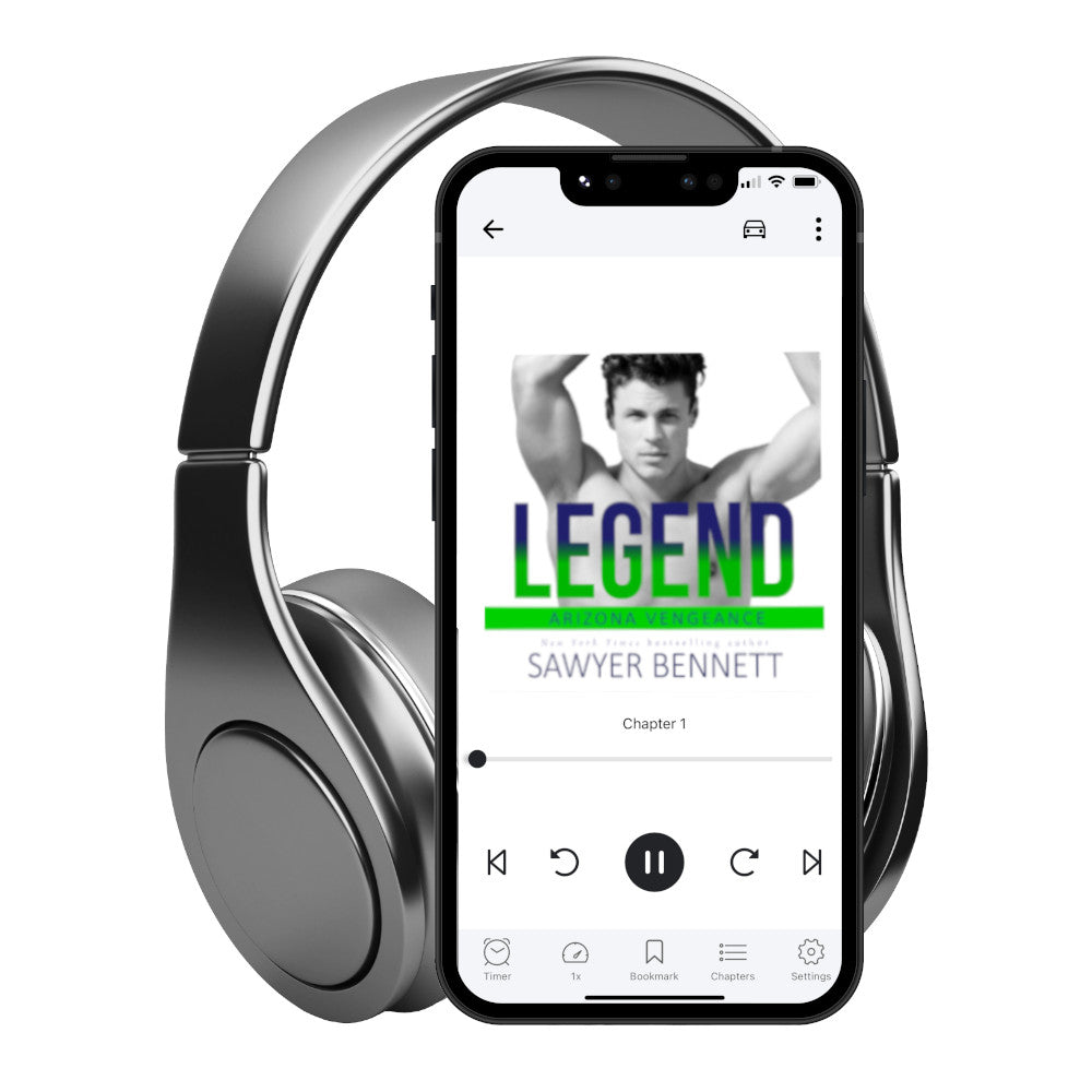 Hockey romance audiobook cover featuring an attractive man in his mid-20’s, shirtless, with short hair and both hands on his head displayed on a smartphone with headphones. The title of the book is Legend by New York Times Bestselling Author Sawyer Bennett.