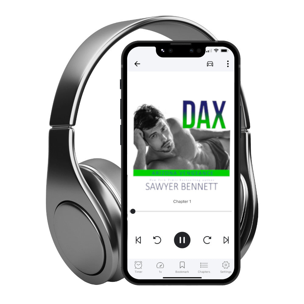 Hockey romance book cover featuring an attractive man in his mid-20’s lying on his side with one hand on his head, shirtless, with short, dark hair and dark eyes displayed on a smartphone with headphones. The title of the book is Dax by New York Times Bestselling Author Sawyer Bennett.