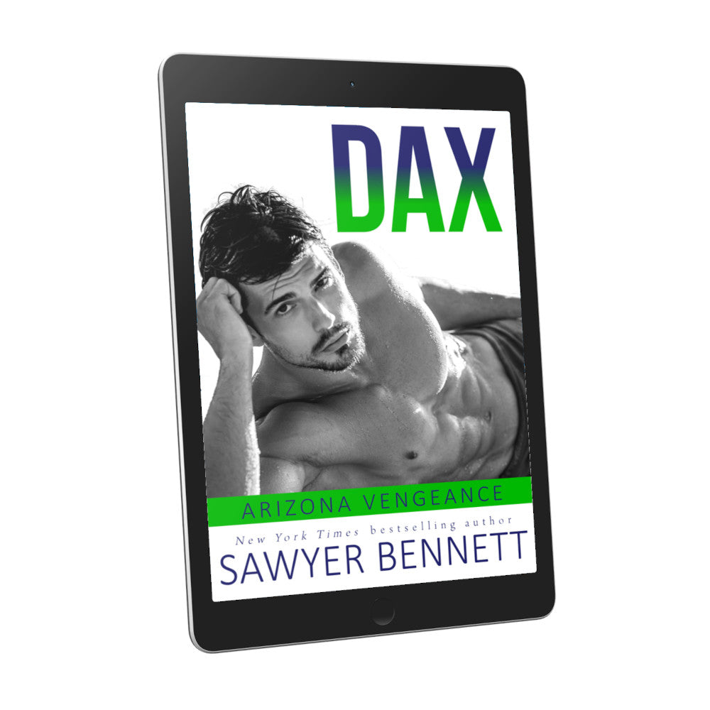 Hockey romance book cover featuring an attractive man in his mid-20’s lying on his side with one hand on his head, shirtless, with short, dark hair and dark eyes displayed on an e-reader. The title of the book is Dax by New York Times Bestselling Author Sawyer Bennett.