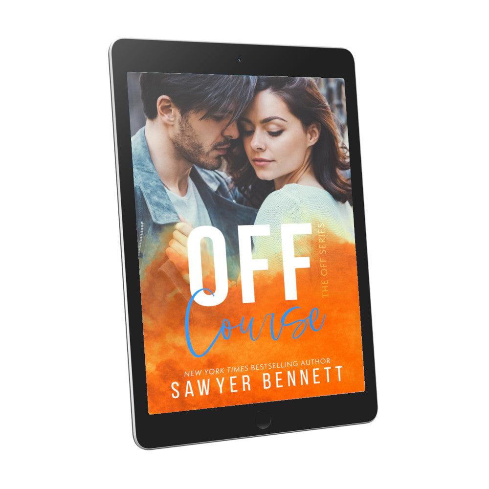 Contemporary romance book cover featuring an attractive couple in their mid-20’s embracing, displayed on an e-reader. The title of the book is Off Course by New York Times Bestselling Author Sawyer Bennett.