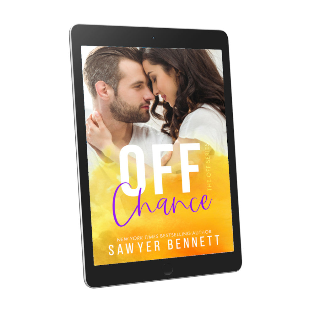 Contemporary romance book cover featuring an attractive couple in their mid-20’s embracing, displayed on an e-reader. The title of the book is Off Chance by New York Times Bestselling Author Sawyer Bennett.