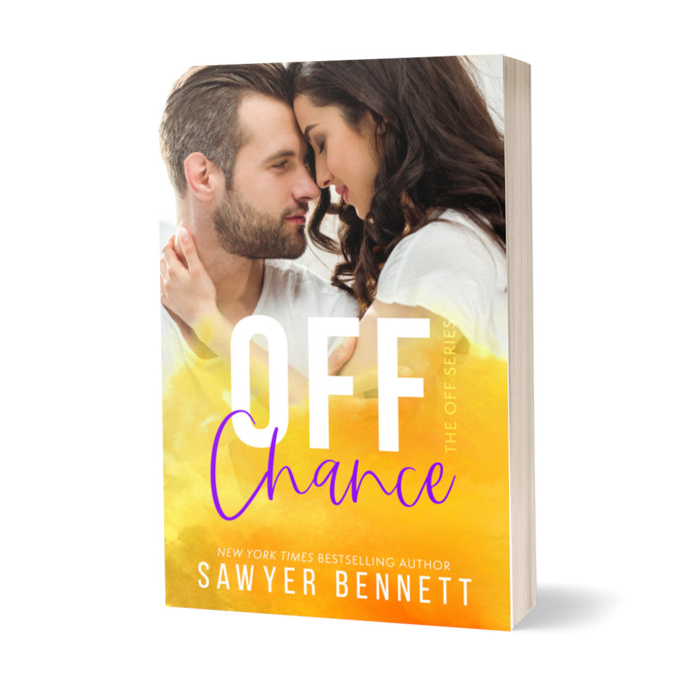 Contemporary romance paperback featuring an attractive couple in their mid-20’s embracing. The title of the book is Off Chance by New York Times Bestselling Author Sawyer Bennett.