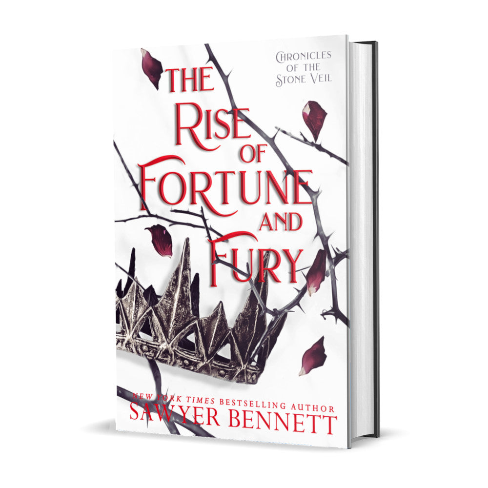 Fantasy romance hardcover with thorned branches sprawled across a white background and dark colored crown with falling rose petals. The title of the book is The Rise of Fortune and Fury by New York Times Bestselling Author Sawyer Bennett.