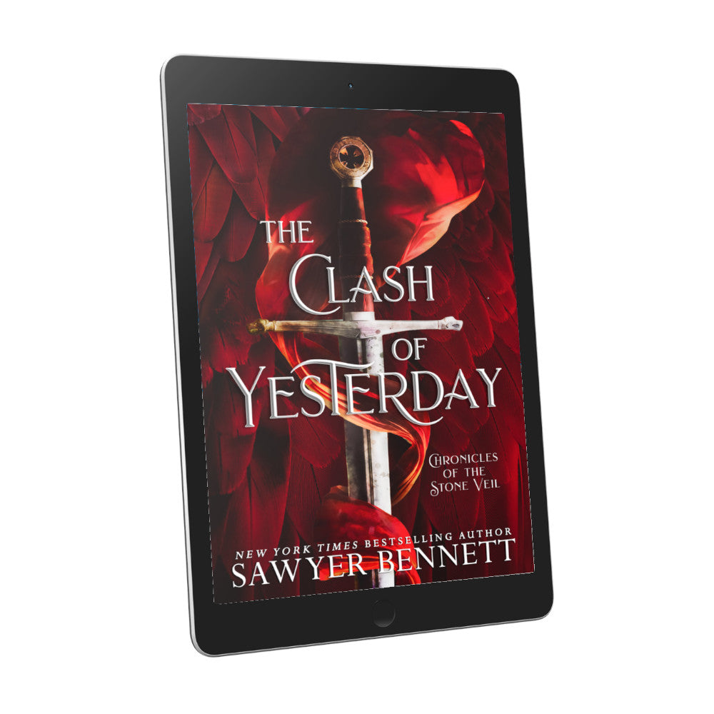 Fantasy romance book cover with a background of red feathered wings, one wrapping around the hilt of a sword, displayed on an e-reader. The title of the book is The Clash of Yesterday by New York Times Bestselling Author Sawyer Bennett.