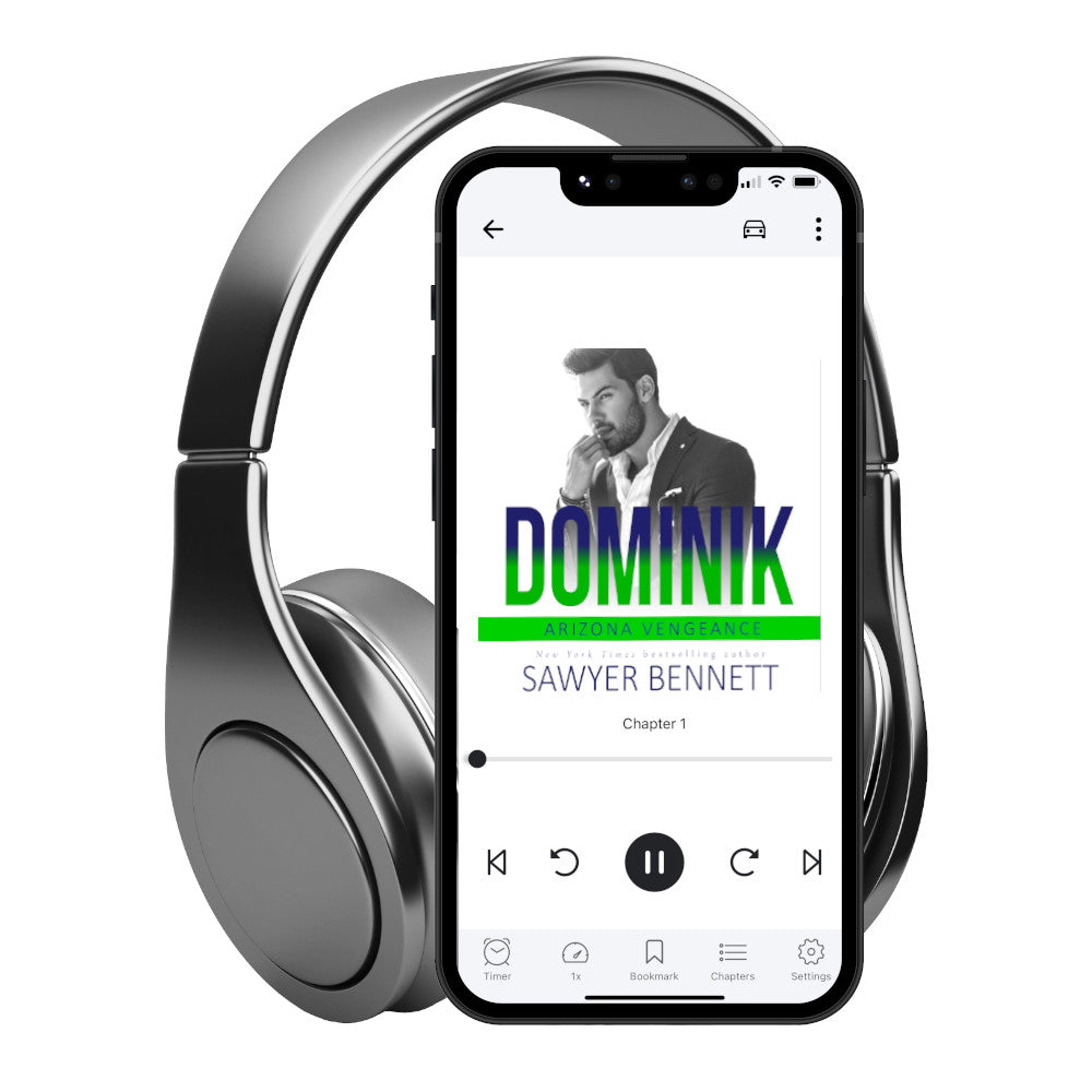Hockey romance audiobook cover featuring an attractive man with dark hair and a dark beard, wearing a black suit and white shirt open at the collar, displayed on a smartphone with headphones. The title of the book is Dominik by New York Times Bestselling Author Sawyer Bennett.