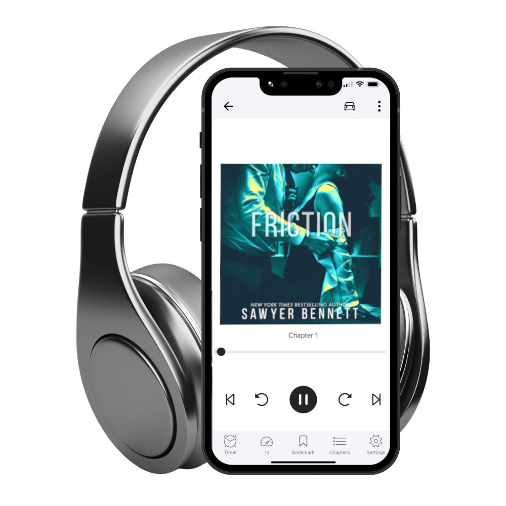 Contemporary romance audiobook cover featuring an attractive man dressed in a suit and a beautiful woman with long dark hair in black lace lingerie. They are embracing one another with a bluish/green color treatment on the photo. The title of the book is Friction by New York Times Bestselling Author Sawyer Bennett.