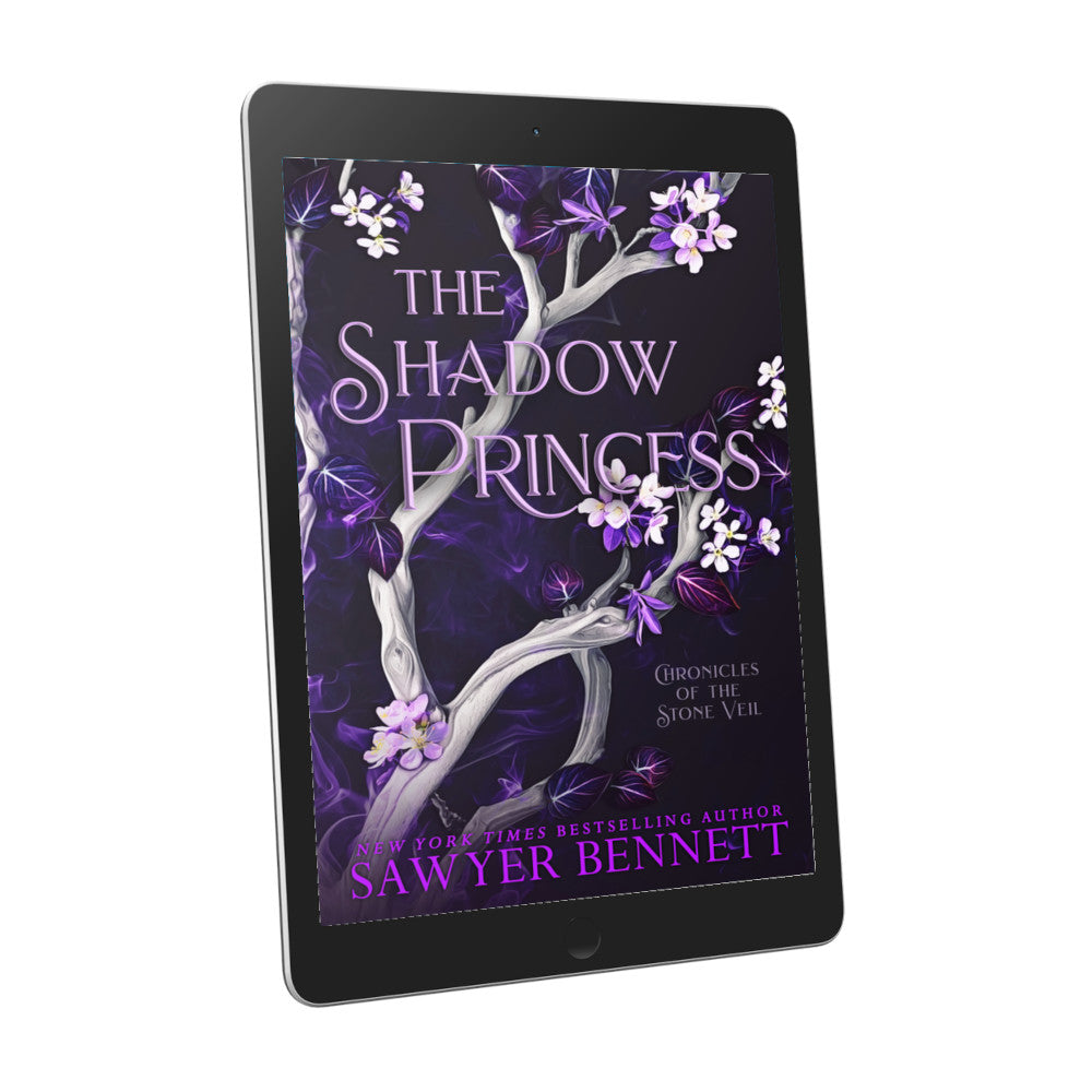 Fantasy romance book cover with a deep purple background, light colored tree branches and leaves in white and varying shades of purple, displayed on an e-reader. The title of the book is The Shadow Princess by New York Times Bestselling Author Sawyer Bennett.