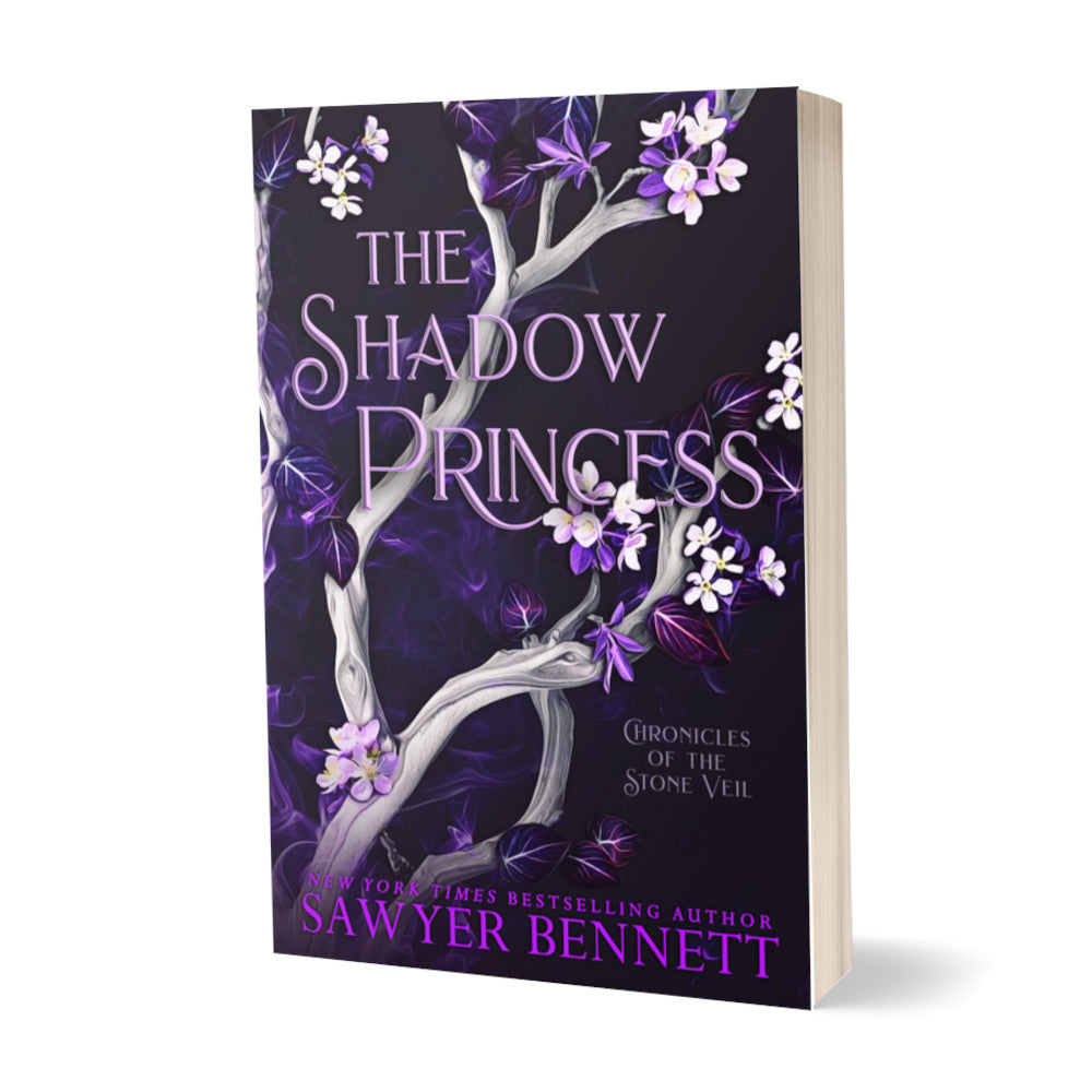 Fantasy romance paperback with a deep purple background, light colored tree branches and leaves in white and varying shades of purple. The title of the book is The Shadow Princess by New York Times Bestselling Author Sawyer Bennett.