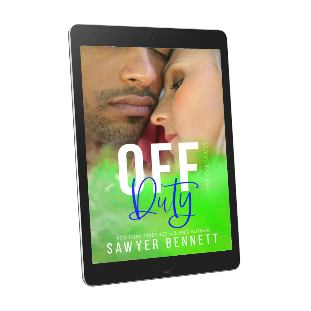 Contemporary romance book cover featuring an attractive couple in their mid-20’s embracing, displayed on an e-reader. The title of the book is Off Duty by New York Times Bestselling Author Sawyer Bennett.