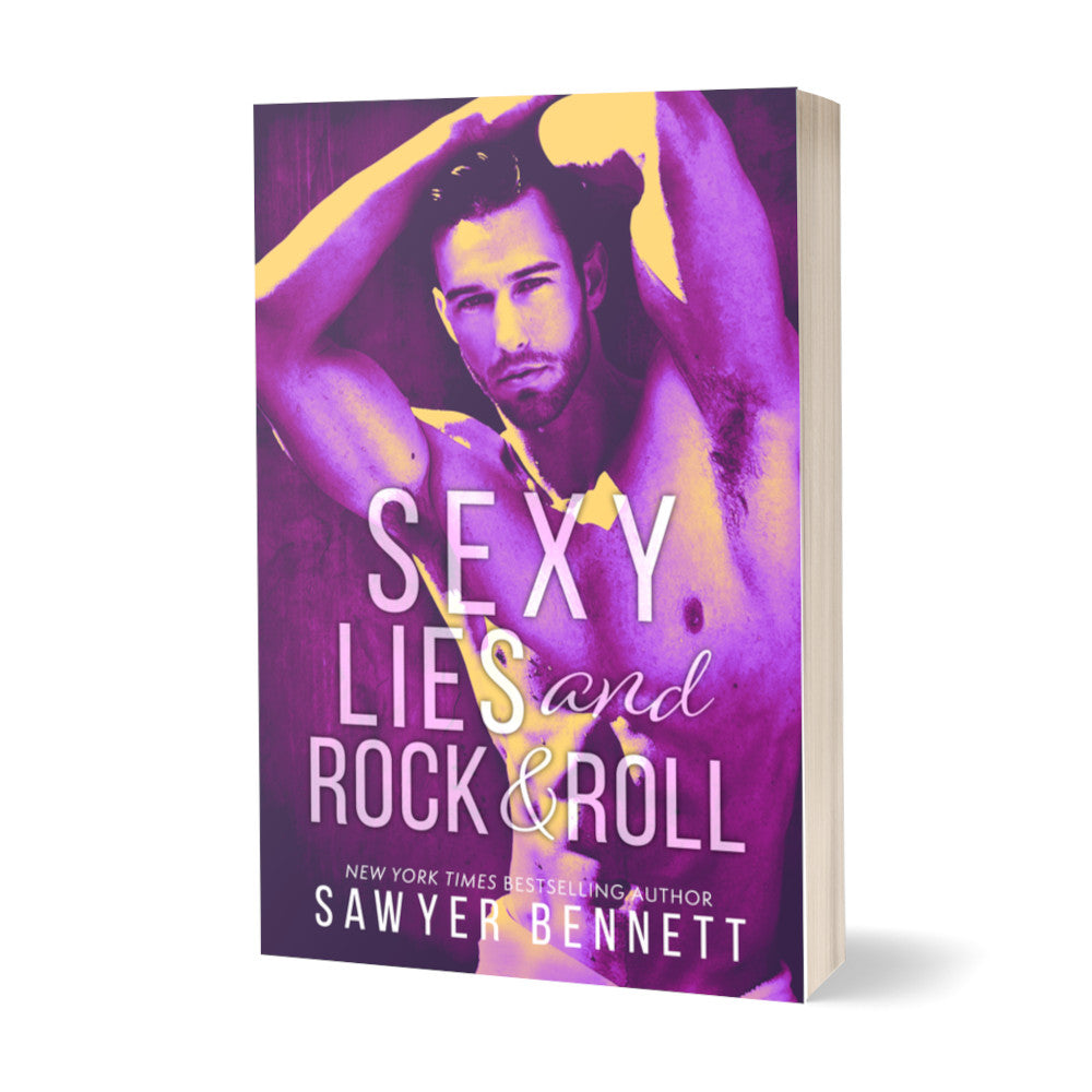 Contemporary romance paperback featuring an attractive man shirtless, with his arms raised and hands resting on his head and a purple color treatment on the photo. The title of the book is Sexy Lies and Rock & Roll by New York Times Bestselling Author Sawyer Bennett.