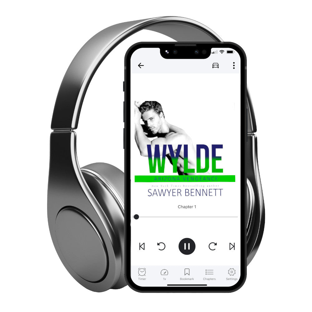 Hockey romance audiobook cover featuring an attractive man with dark hair and facial scruff, shirtless with both forearms leaning on a wall, displayed on a smartphone with headphones. The title of the book is Wylde by New York Times Bestselling Author Sawyer Bennett.