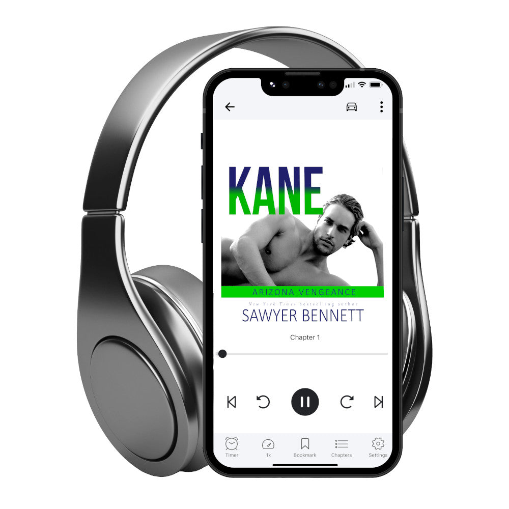 Hockey romance audiobook cover featuring an attractive shirtless man laying on his side, with his head resting on one hand, displayed on a smartphone with headphones. The title of the book is Kane by New York Times Bestselling Author Sawyer Bennett.