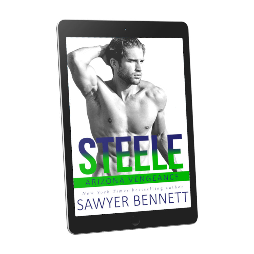 Hockey romance book cover featuring an attractive shirtless man with dark hair, with one hand placed on the back of his head, displayed on an e-reader. The title of the book is Steele by New York Times Bestselling Author Sawyer Bennett.