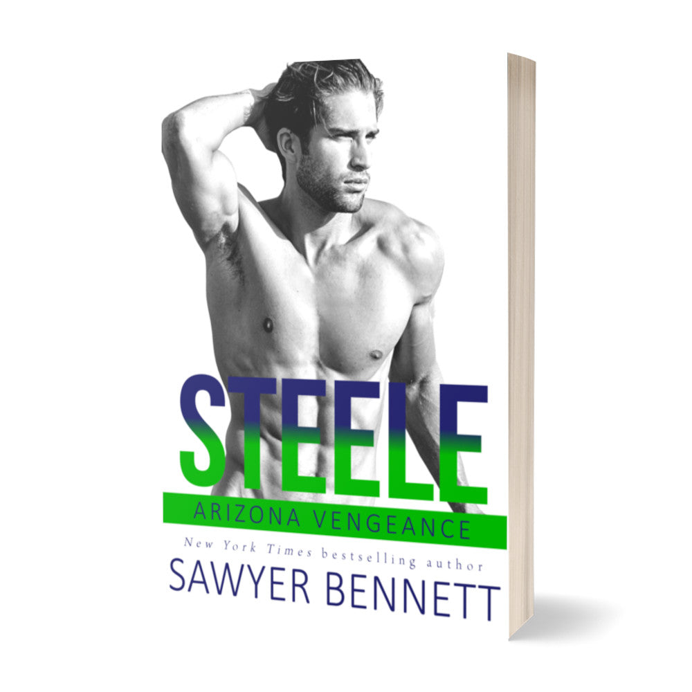 Hockey romance paperback featuring an attractive shirtless man with dark hair, with one hand placed on the back of his head. The title of the book is Steele by New York Times Bestselling Author Sawyer Bennett.