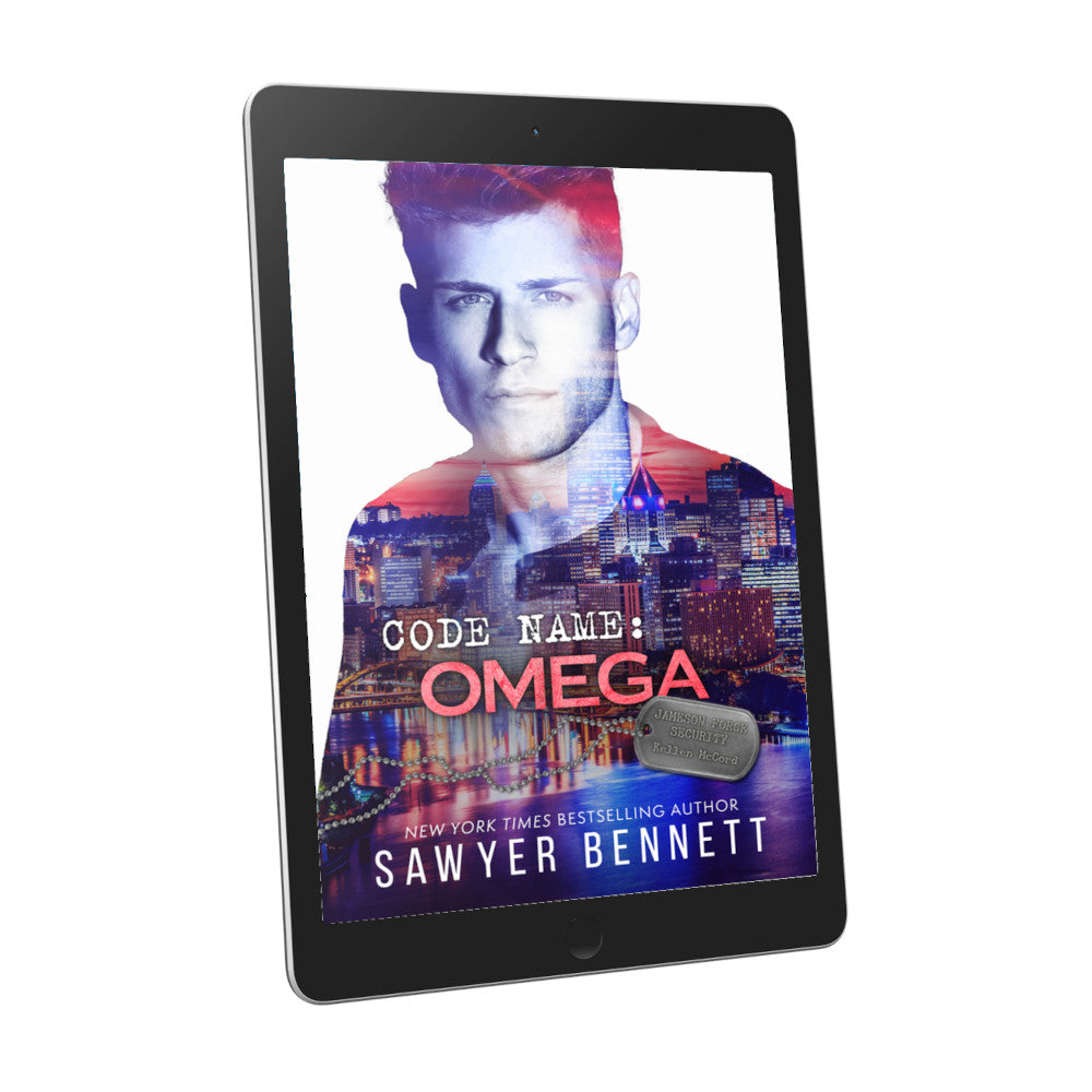 Romantic suspense book cover featuring an attractive man and city scape, displayed on an e-reader. The title of the book is Code Name: Omega by New York Times Bestselling Author Sawyer Bennett.