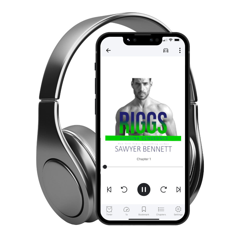 Hockey romance audiobook cover featuring an attractive shirtless man with dark hair and dark beard, arms hanging at his sides, displayed on a smartphone with headphones. The title of the book is Riggs by New York Times Bestselling Author Sawyer Bennett.