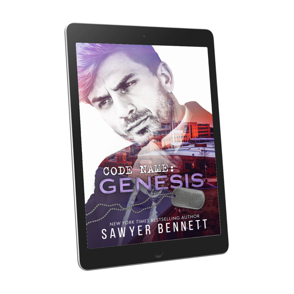 Romantic suspense book cover featuring an attractive man and city scape, displayed on an e-reader. The title of the book is Code Name: Genesis by New York Times Bestselling Author Sawyer Bennett.