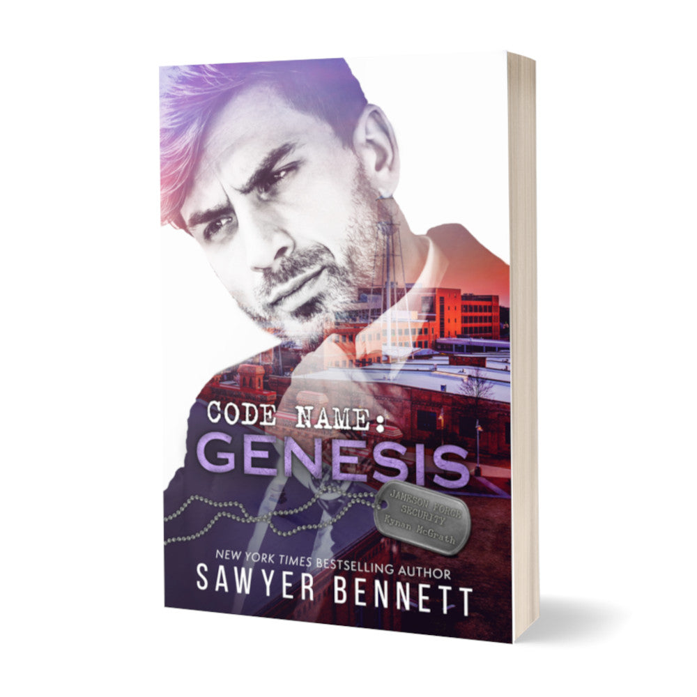 Romantic suspense paperback featuring an attractive man and city scape. The title of the book is Code Name: Genesis by New York Times Bestselling Author Sawyer Bennett.