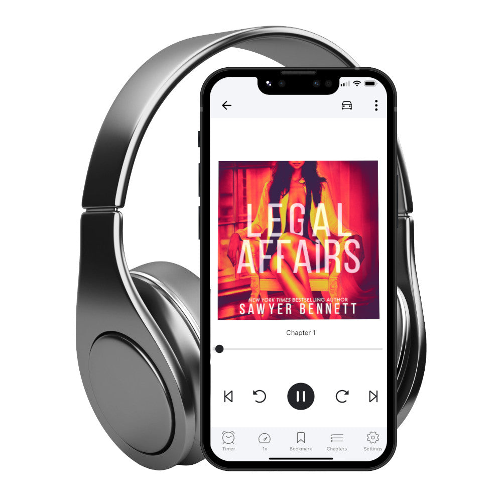 Contemporary romance audiobook cover featuring an attractive woman dressed in an unbuttoned white shirt with her bare legs crossed, sitting in a chair with a red and yellow color treatment. The title of the book is Legal Affairs by New York Times Bestselling Author Sawyer Bennett.