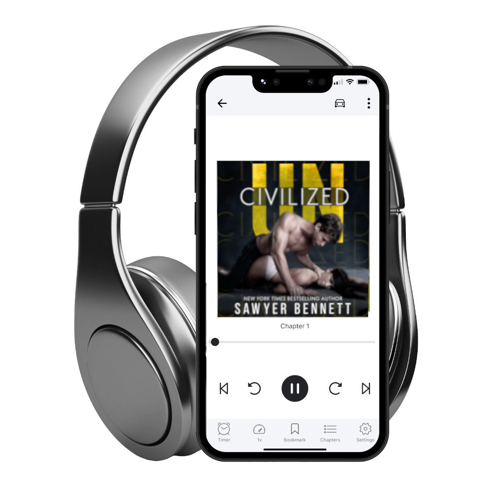 Contemporary romance audiobook cover featuring an attractive man wearing jeans and no shirt, leaning over a woman lying on her stomach and wearing only white lace underwear. The title of the book is Uncivilized by New York Times Bestselling Author Sawyer Bennett.