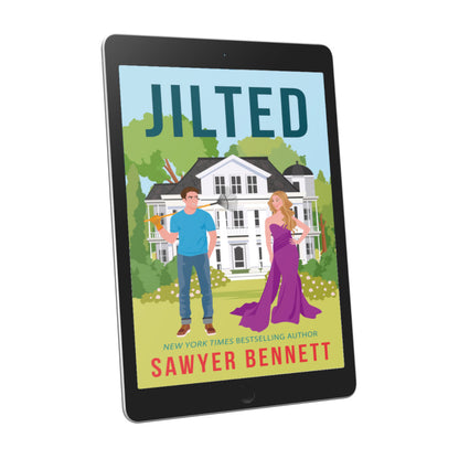 Contemporary romance book cover featuring an illustrated scene with a large white house in the background, a man wearing jeans and a blue shirt on the left and a woman wearing a dress and heels on the right, displayed on an e-reader. The title of the book is Jilted by New York Times Bestselling Author Sawyer Bennett.