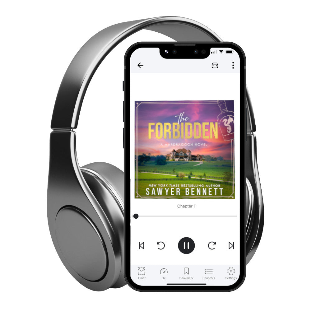 Contemporary romance audiobook cover featuring a large brick home on the green, rolling hills of Kentucky at sunset. The title of the book is The Forbidden by New York Times Bestselling Author Sawyer Bennett.