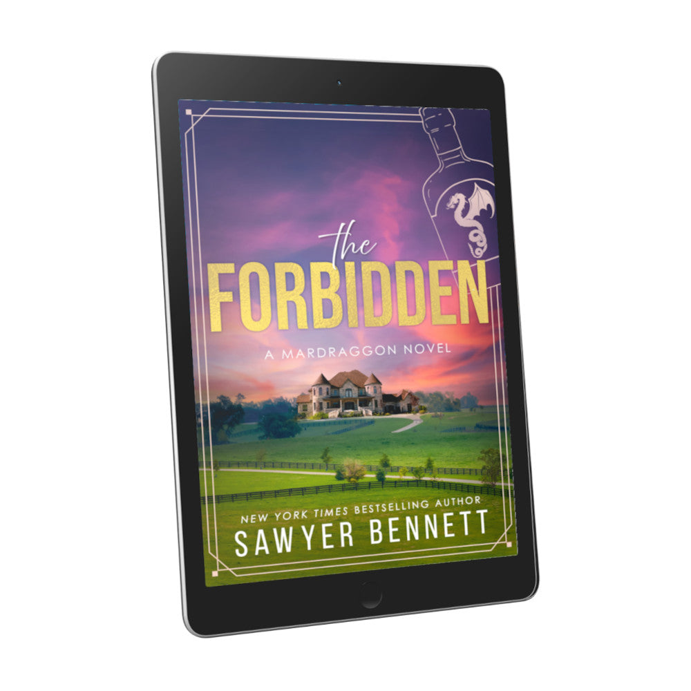 Contemporary romance book cover featuring a large brick home on the green, rolling hills of Kentucky at sunset displayed on an e-reader. The title of the book is The Forbidden by New York Times Bestselling Author Sawyer Bennett.