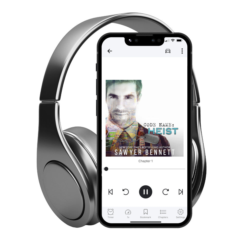 Romantic suspense audiobook cover featuring an attractive man and city scape. The title of the book is Code Name: Heist by New York Times Bestselling Author Sawyer Bennett.