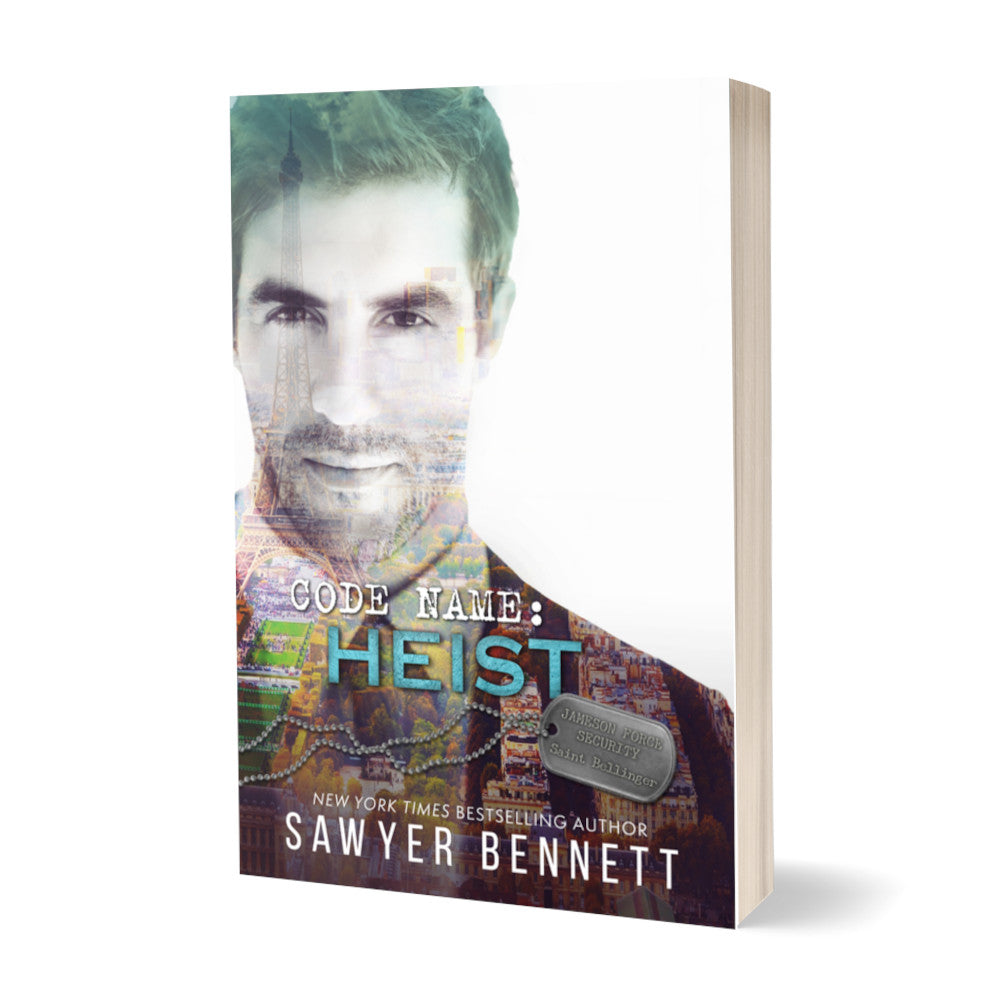 Romantic suspense paperback featuring an attractive man and city scape. The title of the book is Code Name: Heist by New York Times Bestselling Author Sawyer Bennett.