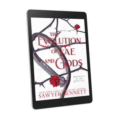 Fantasy romance book cover with thorned branches sprawled across a white background and a black leather whip with silver handle, displayed on an e-reader. The title of the book is The Evolution of Fae and Gods by New York Times Bestselling Author Sawyer Bennett.