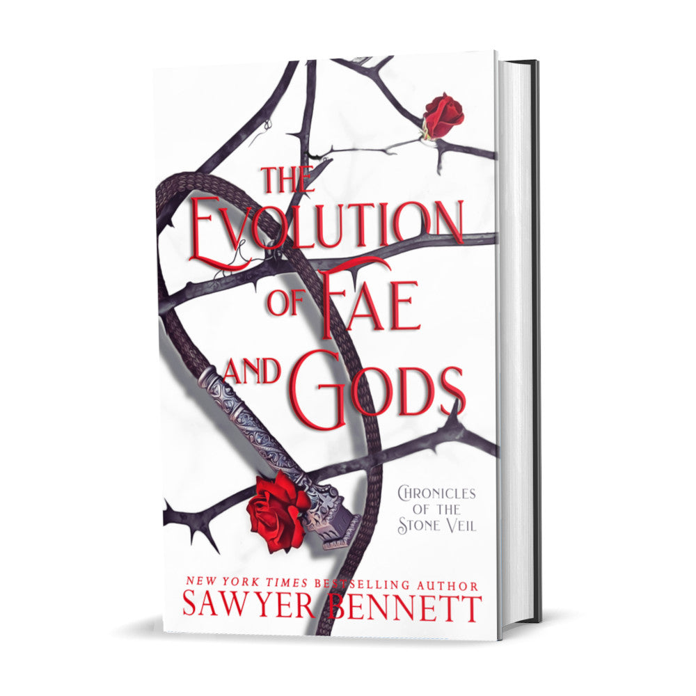 Fantasy romance hardcover with thorned branches sprawled across a white background and a black leather whip with silver handle. The title of the book is The Evolution of Fae and Gods by New York Times Bestselling Author Sawyer Bennett.