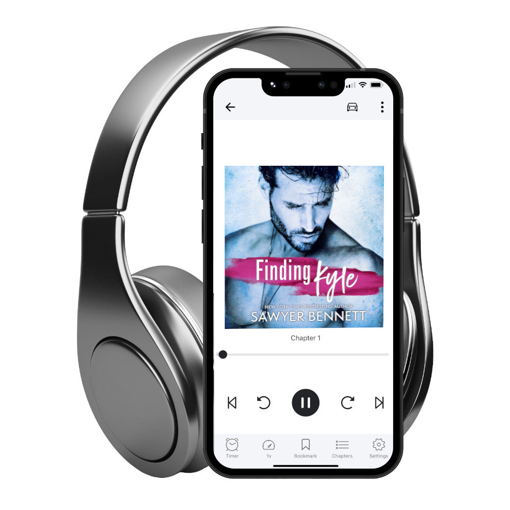 Contemporary romance audiobook cover featuring an attractive shirtless man wearing only a black leather necklace. He has dark hair and a dark beard and is looking down and off to the side. The title of the book is Finding Kyle by New York Times Bestselling Author Sawyer Bennett.