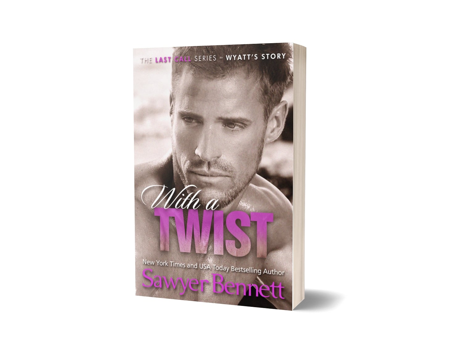 Contemporary romance paperback featuring an attractive man in his early to mid-20’s. The title of the book is With a Twist by New York Times Bestselling Author Sawyer Bennett.