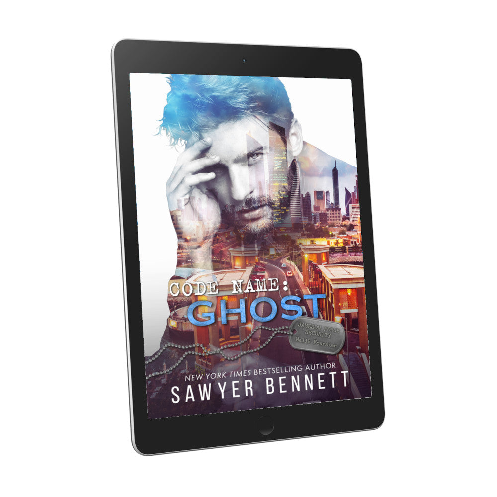 Romantic suspense book cover featuring an attractive man and city scape, displayed on an e-reader. The title of the book is Code Name: Ghost by New York Times Bestselling Author Sawyer Bennett.