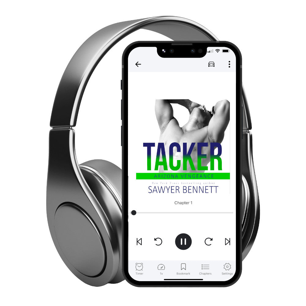 Hockey romance audiobook cover featuring a shirtless man with his hands placed on either side of his head, which is thrown back in despair,  displayed on a smartphone with headphones. The title of the book is Tacker by New York Times Bestselling Author Sawyer Bennett.