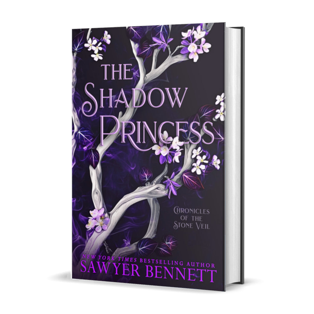 Fantasy romance hardcover with a deep purple background, light colored tree branches and leaves in white and varying shades of purple. The title of the book is The Shadow Princess by New York Times Bestselling Author Sawyer Bennett.