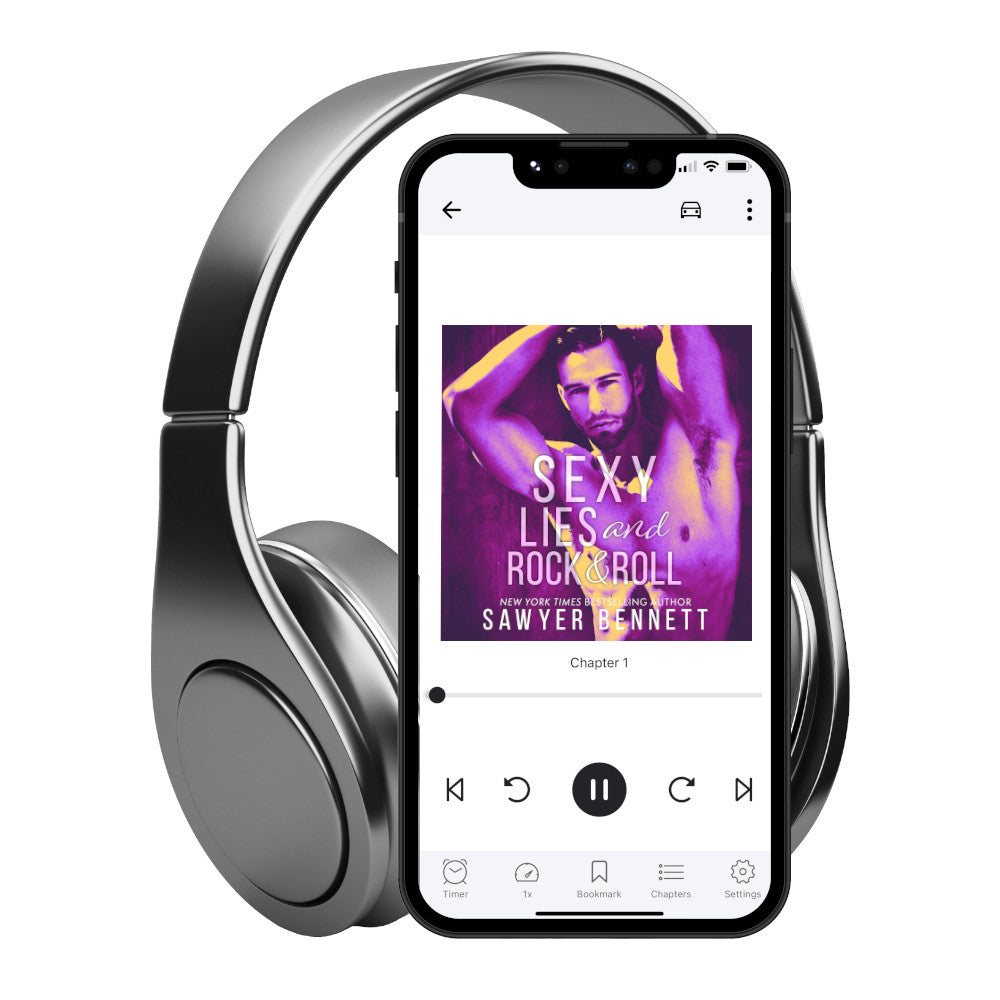 Contemporary romance audiobook cover featuring an attractive man shirtless, with his arms raised and hands resting on his head and a purple color treatment on the photo. The title of the book is Sexy Lies and Rock & Roll by New York Times Bestselling Author Sawyer Bennett.