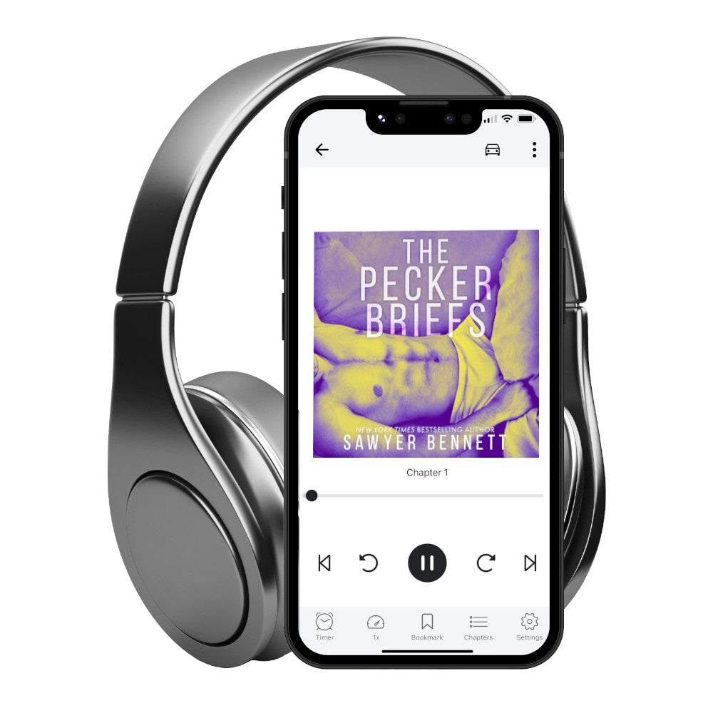 Contemporary romance audiobook cover featuring a shirtless man, shown from the neck to thighs, laying on his back with a purple color treatment on the photo. The title of the book is The Pecker Briefs by New York Times Bestselling Author Sawyer Bennett.