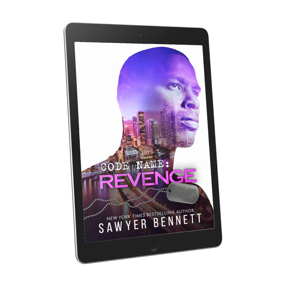 Romantic suspense book cover featuring an attractive man and city scape, displayed on an e-reader. The title of the book is Code Name: Revenge by New York Times Bestselling Author Sawyer Bennett.