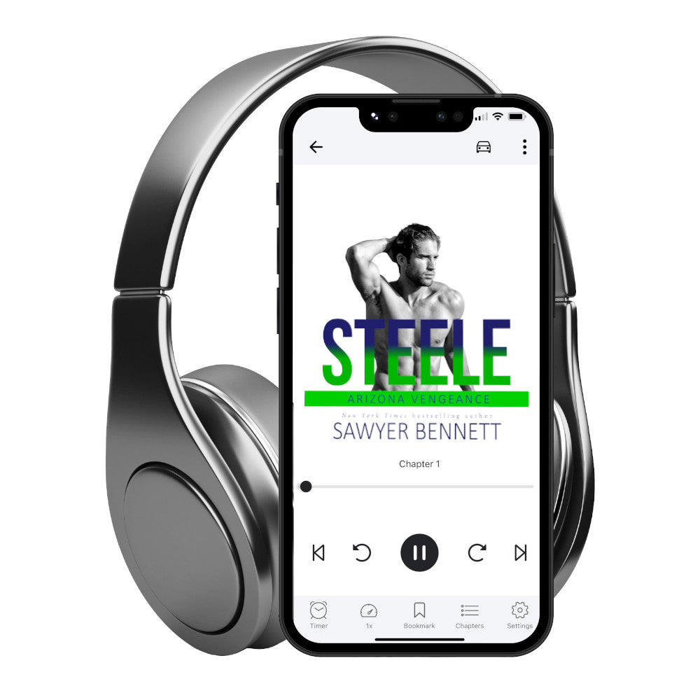 Hockey romance audiobook cover featuring an attractive shirtless man with dark hair, with one hand placed on the back of his head, displayed on a smartphone with headphones. The title of the book is Steele by New York Times Bestselling Author Sawyer Bennett.